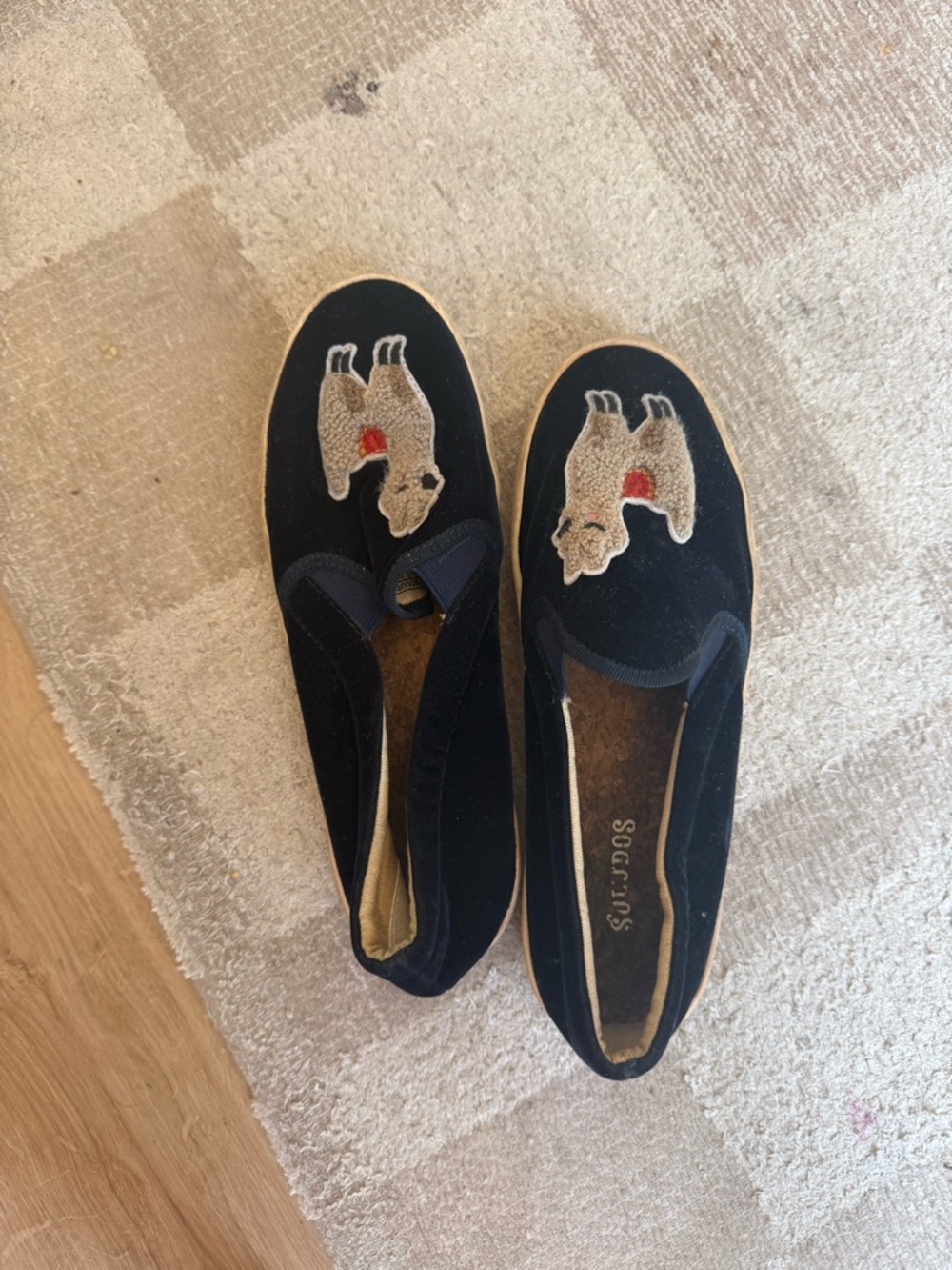 Soludos Black Velvet Slip-On Flats with Embroidered Dog Motif